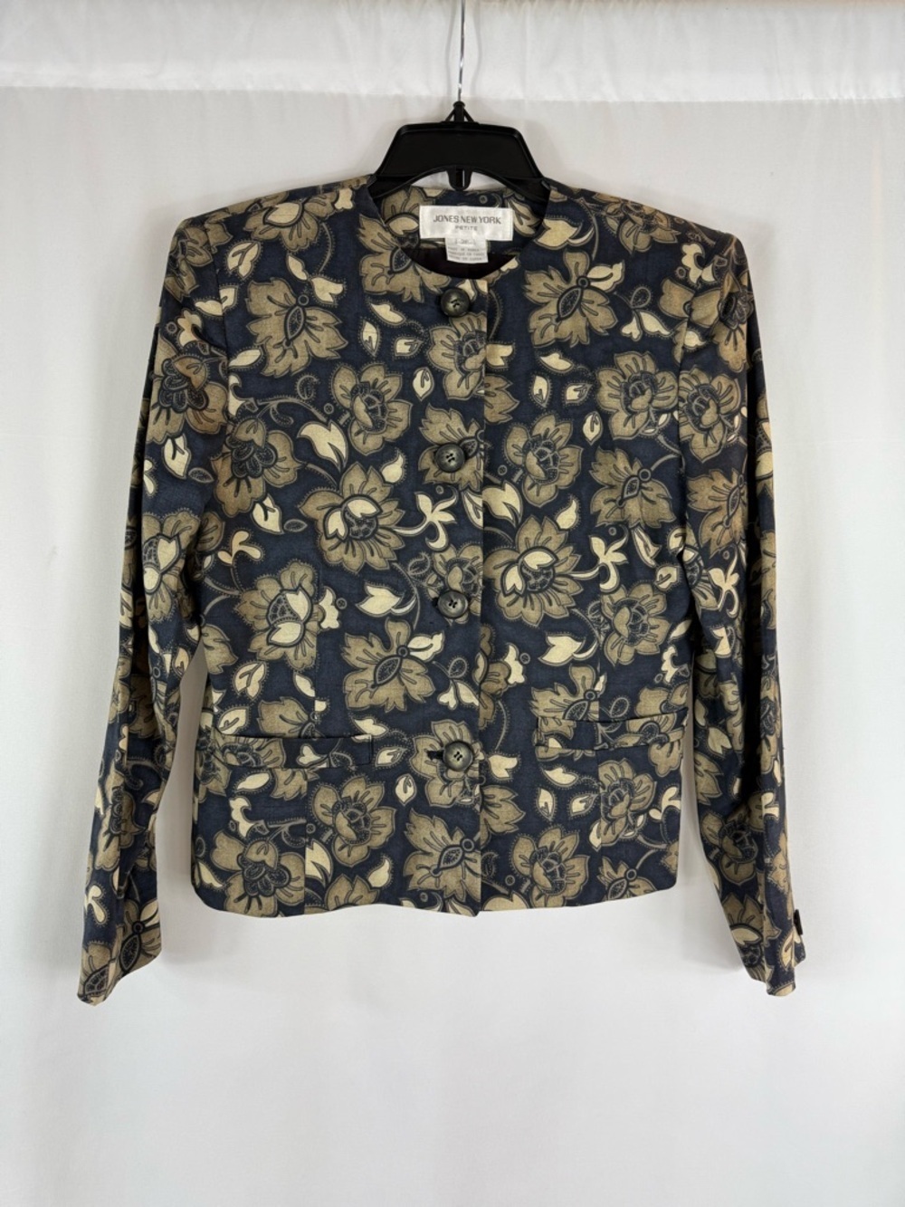 Vtg Jones New York Silk Blue Floral Blazer Jacket Shoulder pads Women's Sz: 2P